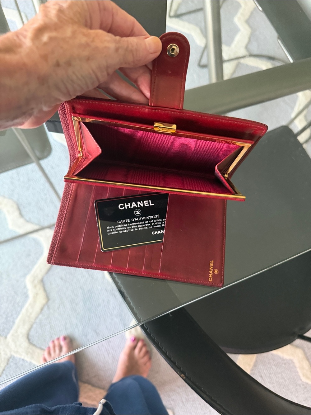 CHANEL Red Leather Compact Wallet with Gold Hardware